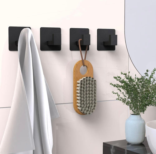 Black 4 Pack Self Adhesive Wall Hooks for Hanging, Stick On Wall Hanger Hook for Shower, Robe, Hat - Aluminium