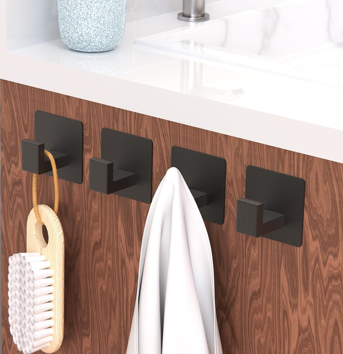 Black 4 Pack Self Adhesive Wall Hooks for Hanging, Stick On Wall Hanger Hook for Shower, Robe, Hat - Aluminium